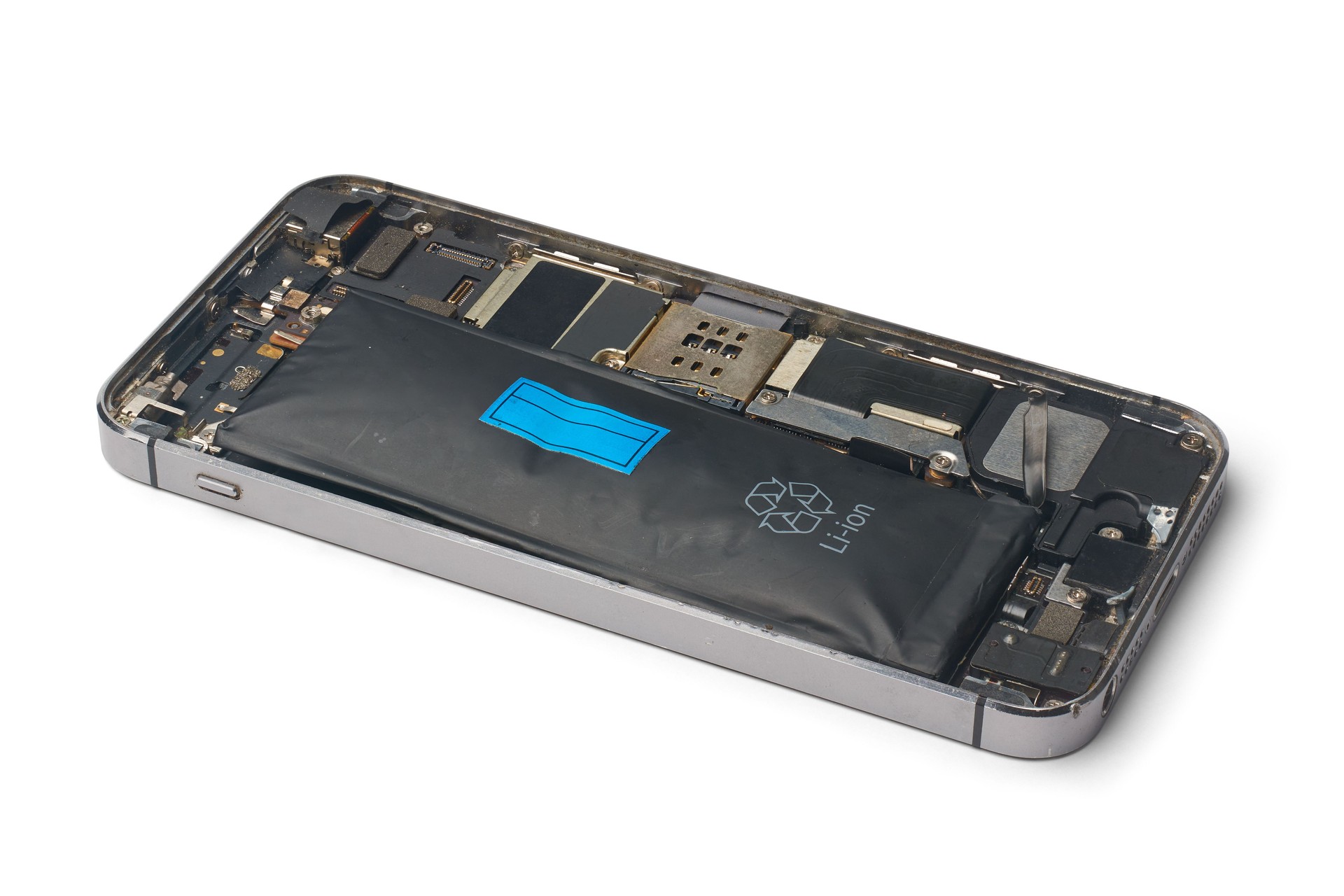 disassembled smartphone with failed battery isolated
